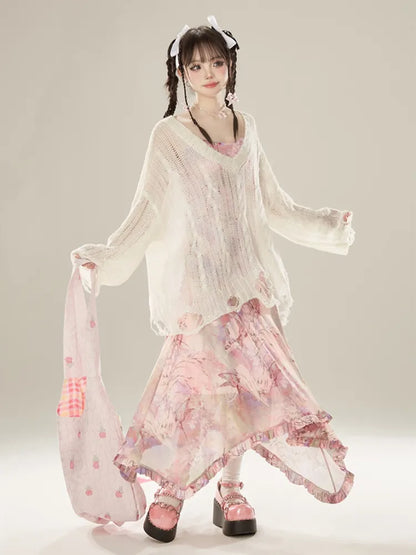 Pink Holiday Hem Asymmetrical Dress Butterfly Ruffle Midi Print