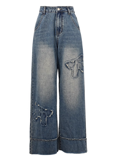 Raw Wide-Leg Jeans Waist Bowknot Appliques Blue Low Hem Vintage