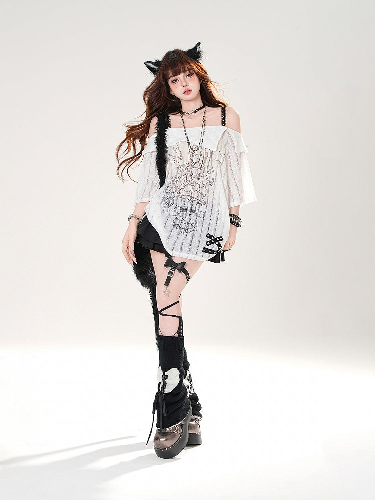 Ausschnitt Lose Schwarz/Weiß Mädchen Print T-shirt Off-the-shoulder