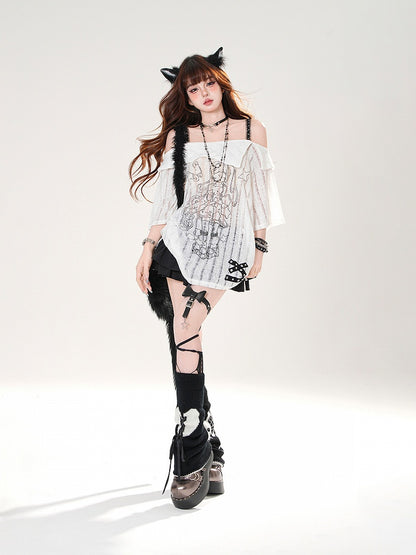 Ausschnitt Lose Schwarz/Weiß Mädchen Print T-shirt Off-the-shoulder