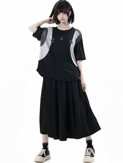 Long/Short Version Black Elastic Waist Star Studs Skirt