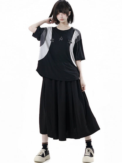 Neck Design Round Sports T-shirt Colorblock Star Appliques Plaid Black/Gray