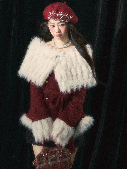 ChristmasRed/White Elegant Off-the-shoulder Neckline Coat Detachable Plush Shawl