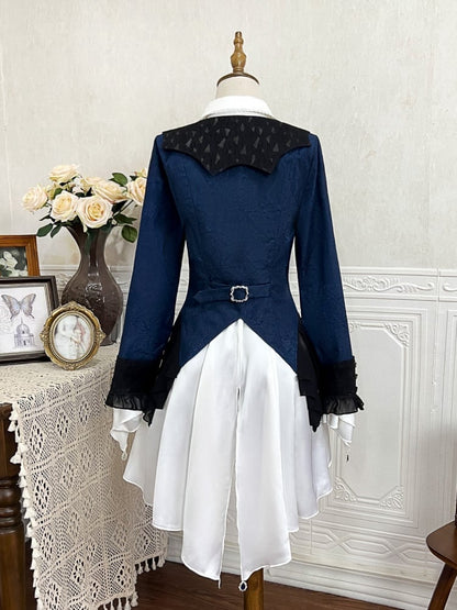 Dark Blue Spider Web Fabric Ouji Lolita Coat Cascading Ruffle Trim Hemline