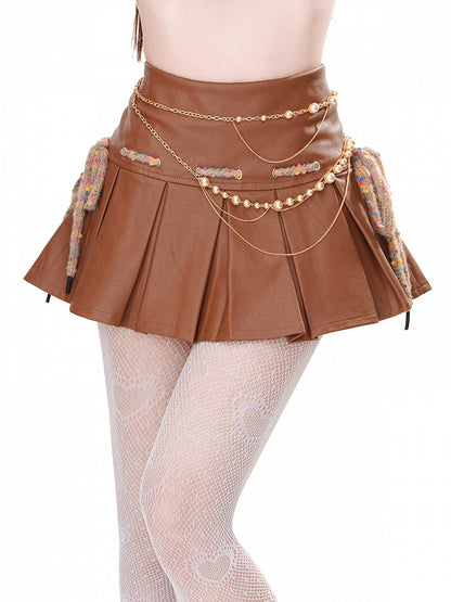 Mini Skirt Waist Box Pleat PU Brown High