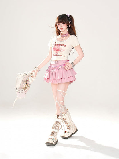 Trim Sweet Lollipop Print Lace T-Shirt Pink/Apricot Glamorous Cropped