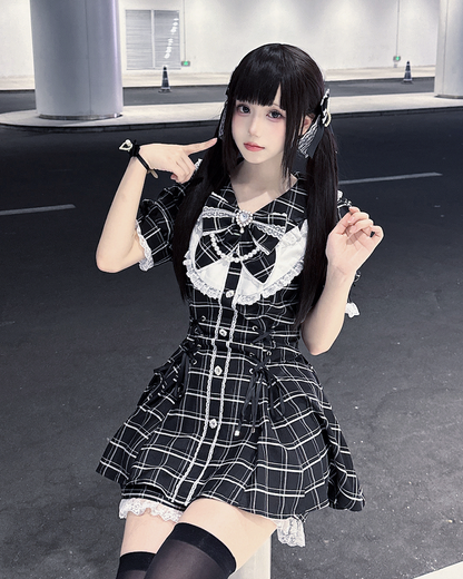 Mini Dress+Shorts Jirai Black Lace-up Plaid Set Embellished Details Kei Waist Rhinestones