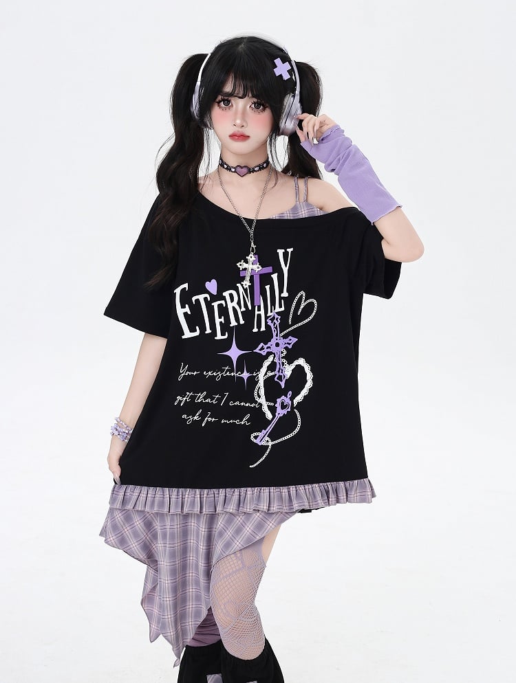 Asymmetrical Red/Purple Plaid Hem Black Punk Rock Graphic T-Shirt