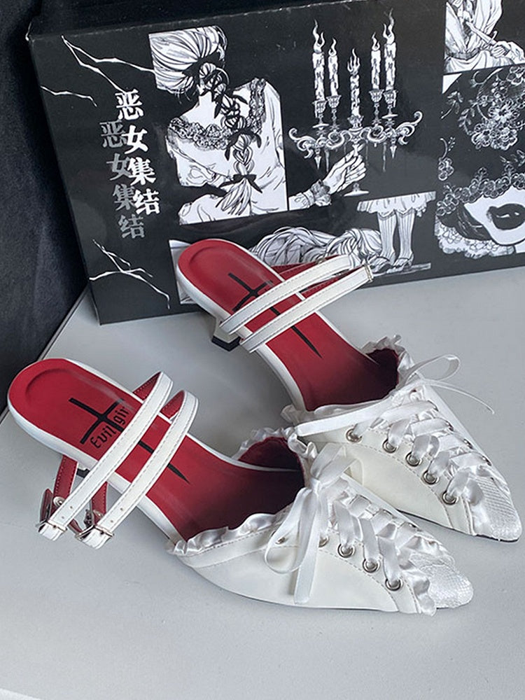 White Pointed Sandals Toe Gothic Slingback Lace-up Detail