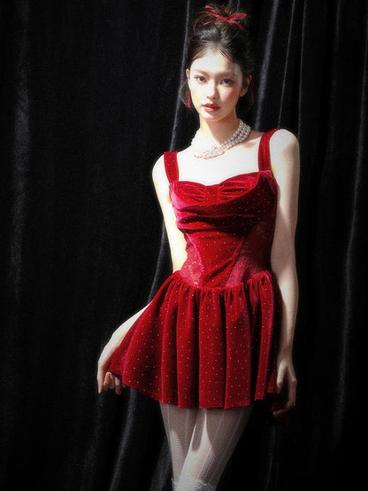 Rhinestones Embellishments Christmas Wine Red Backless Dress Bead Details