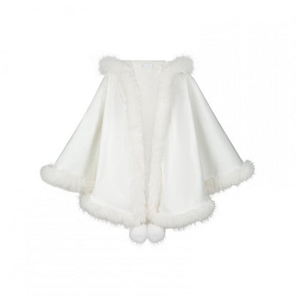 White Plush Trimmed Hooded Winter Cape Coat