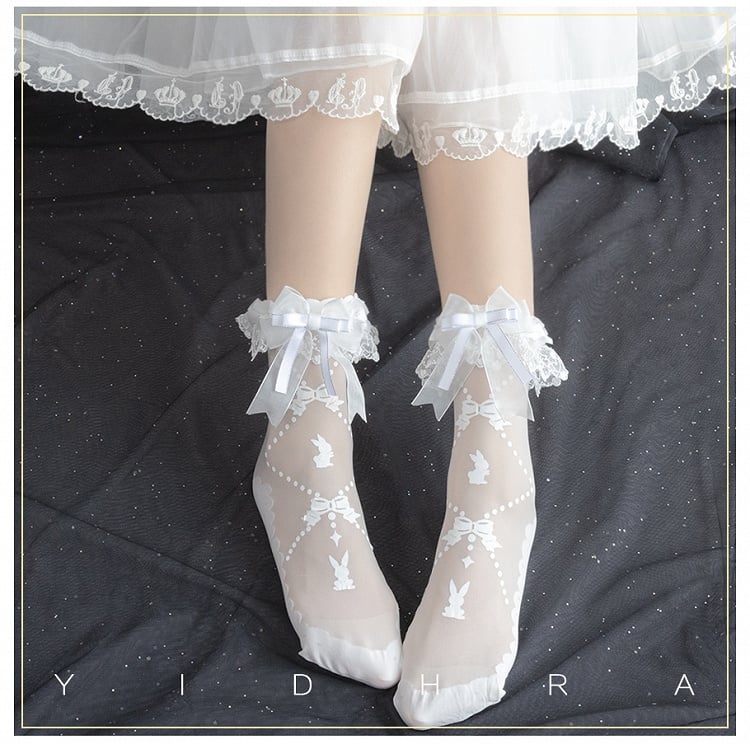 Black White  Bunny Bear Print Sweet Lolita Socks