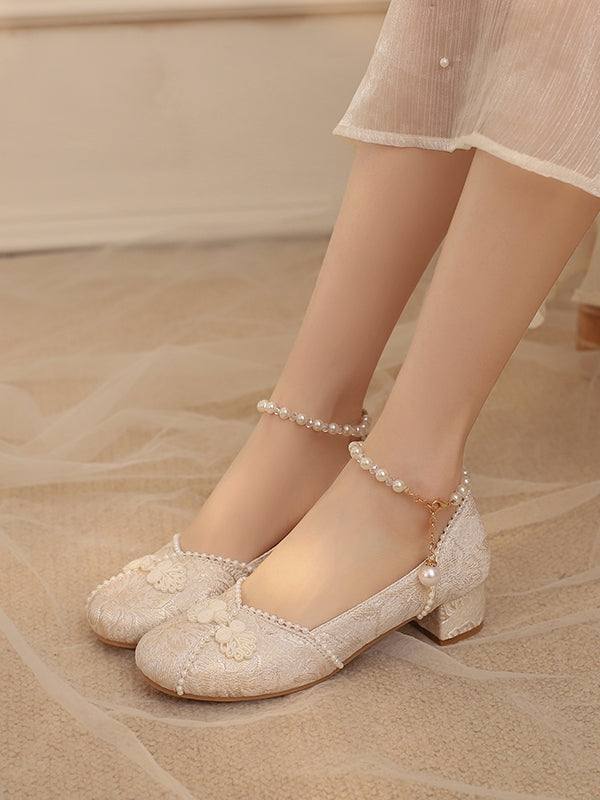 Froschschuhe Akzent Perlen Qi Knöchel Lolita Beige Riemen Knopf Mittelabsatz