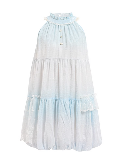Light Skirt Buttons Sleeveless Dress Halter Neck Bubble Blue Ruffled Bead