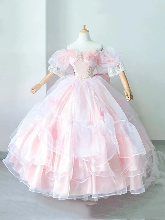 Hanayome Verfügbares rosafarbenes baskisches Taillen-Schnürkleid, wunderschönes Hime-Kleid in Übergrößen