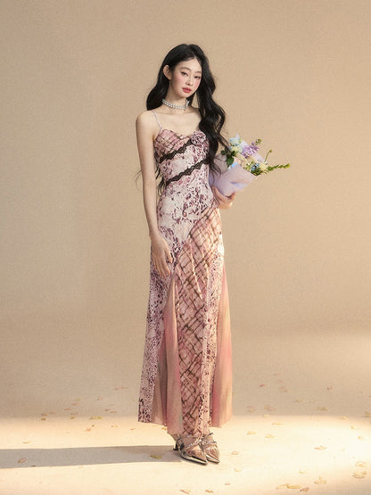 Glamorous Lace Floral Embellished Pattern Pink Leopard Trim Slip Dress