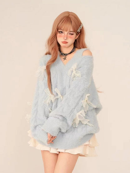 Blue V-Neck Sweater with Cutout White Bow Accents Shoulder