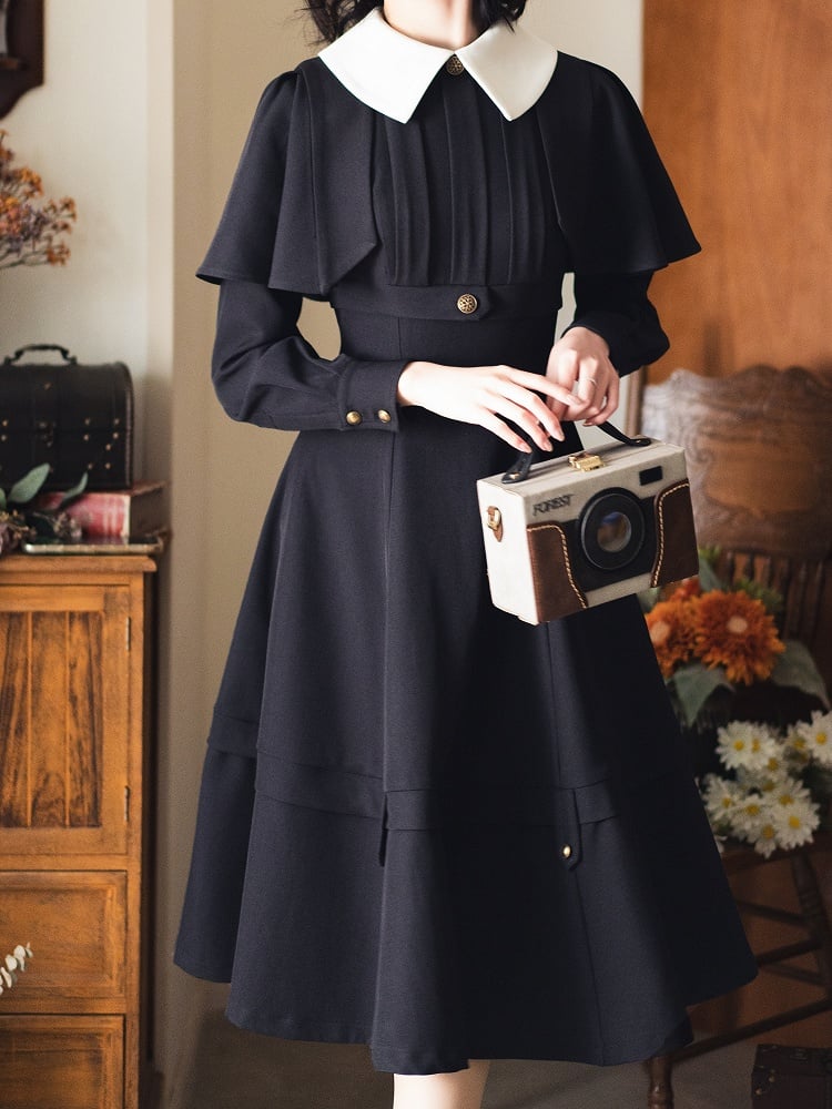 Black Detachable Cape Design Elegant Retro Slimming Dress