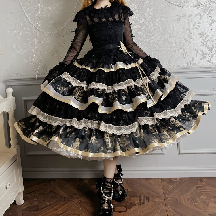 Skirt Black Gold and Print Ruffle Bunny Tiered Kitty Lolita