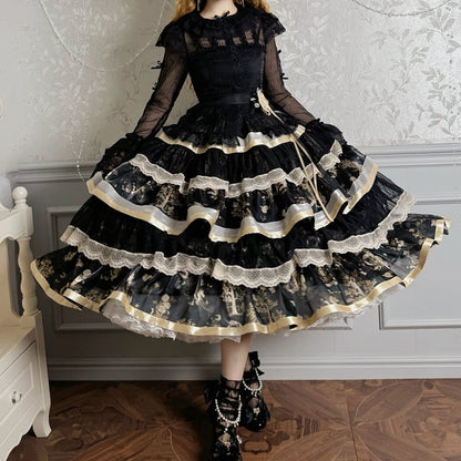 Skirt Black Gold and Print Ruffle Bunny Tiered Kitty Lolita