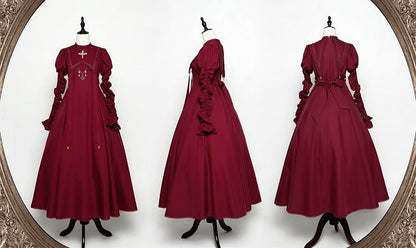 Wein Nonne Outfits Halloween Kleid Ärmel Kreuz Lolita Sammeln Stickerei Rot Juliette
