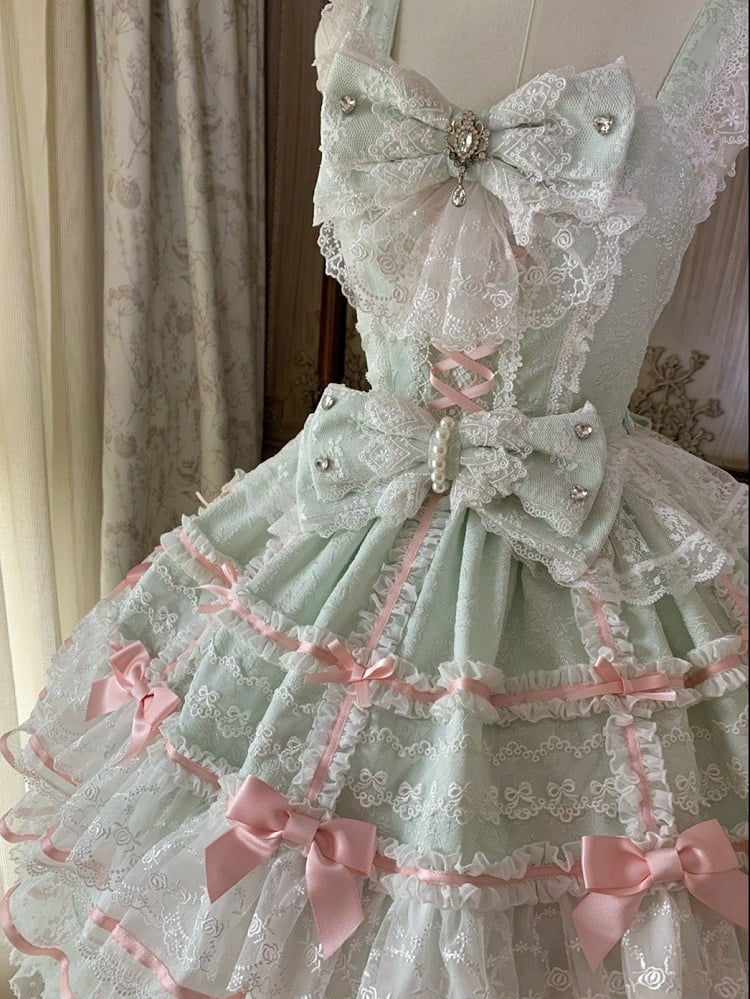 Mint Green Layered Skirt Hanayome Dress Sweet Hime Lolita Jumper Skirt with Removable Bows