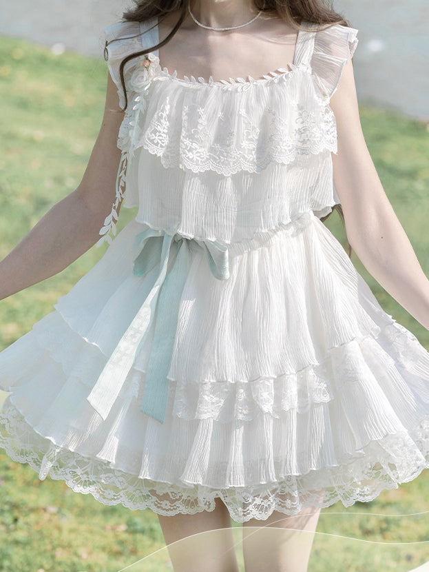 and Brooch with Waist Belt Tiered Lace Trim Flutter Sleeves Dress Sweet White