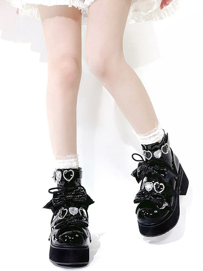 Plateau Stiefeletten Schnallen Jirai Kei Poliert und Schwarz Strass Sweetheart mit