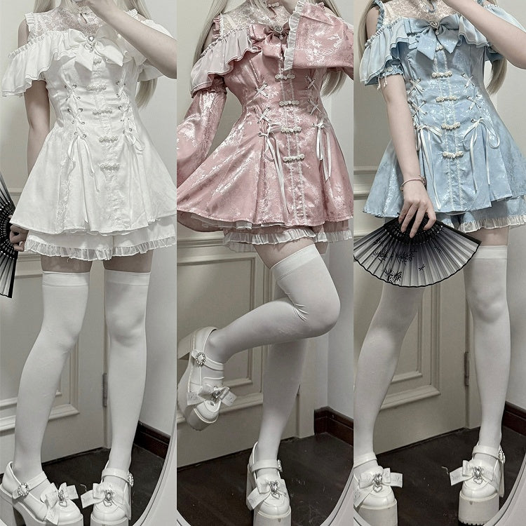 Shorts Bow Tie Cheongsam Light + Neckline Kei Style Set- Jirai Illusion Mini Dress Blue + Bell Sleeves