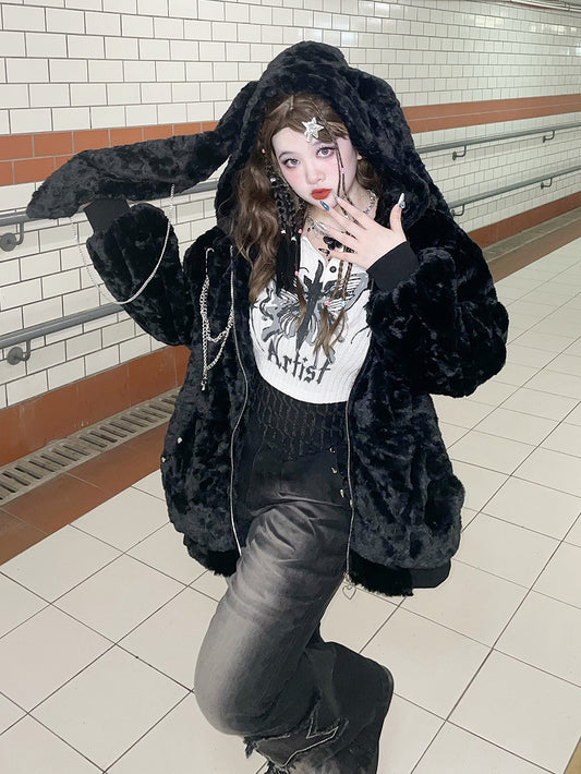 Ears Size Plus Black Hooded Coat Y2K Bunny