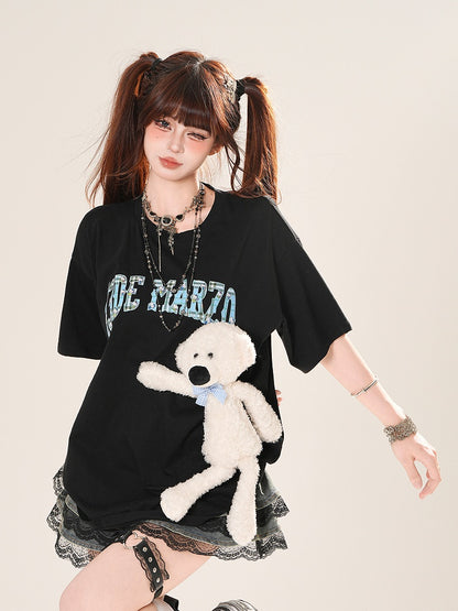 Black/White Round Neck Letter Print T-Shirt with Adorable Bear Plushie