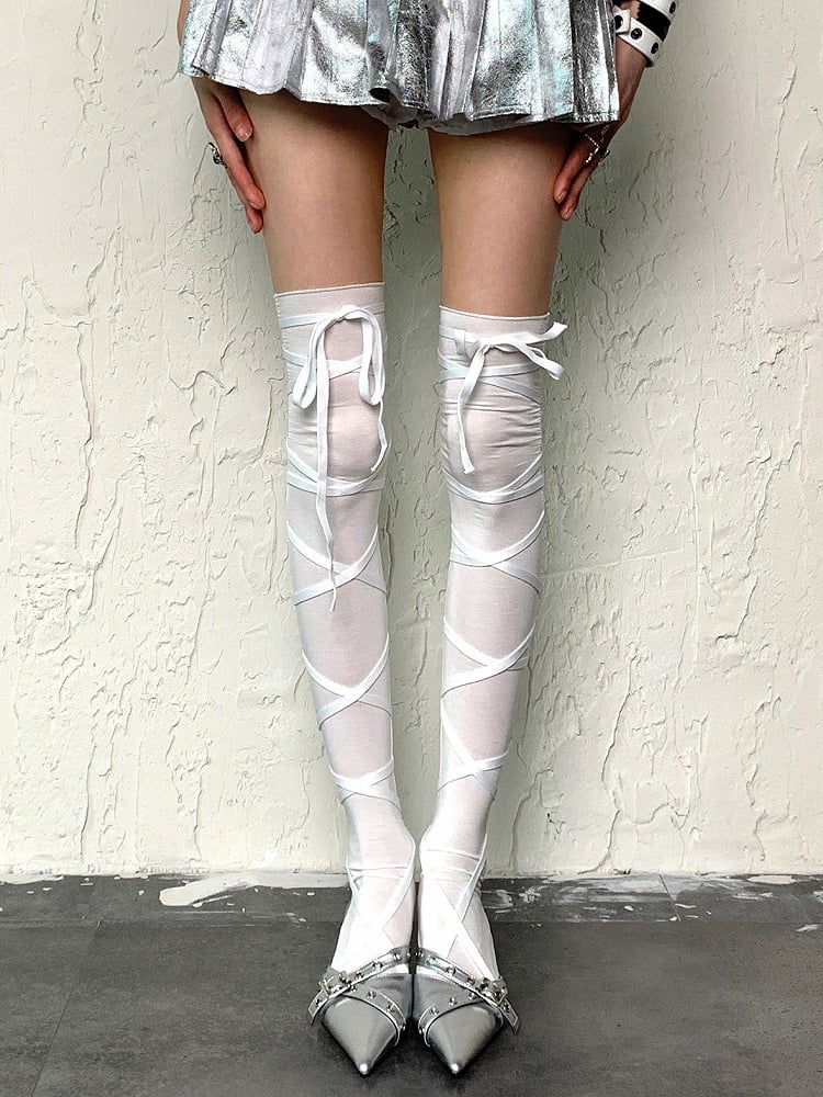 Crisscross Overknee Self-tie Stockings Straps White/Black/Gray