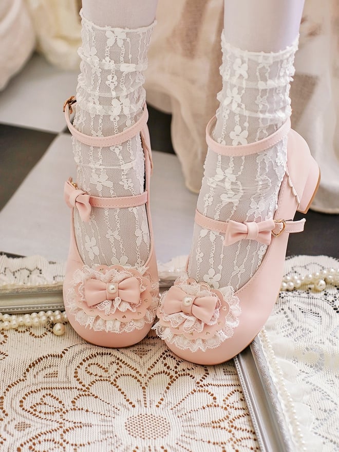 Toe Trim Heart Top Lace Bow Pink at Baby Buckles Lolita Round