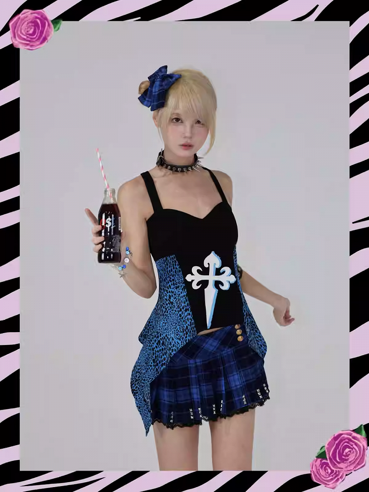 Haut sans bretelles noir glamour à patchs léopard bleus Gyaru des années 2000