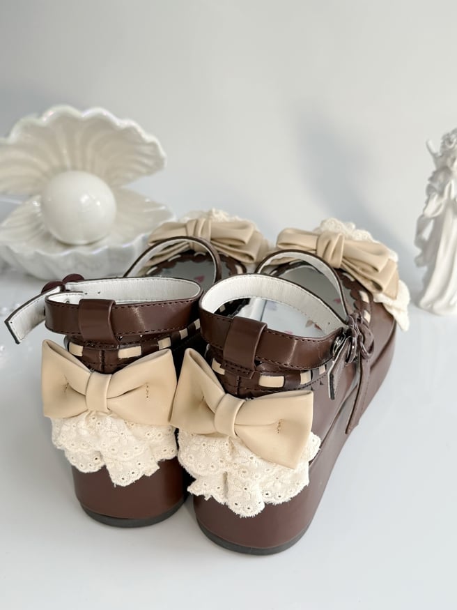 Lace Buckles Chocolate at Trim Heart Bow Top Platforms Brown