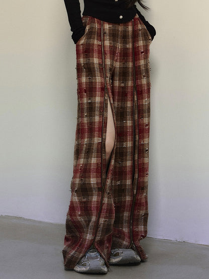 Red Zipper Straight Leg Cut Plaid Pants