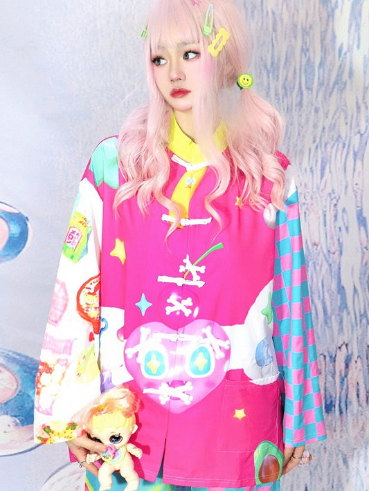 Print Star And 6 Checked Shirt Pattern Bone Heart Colorful Y2K