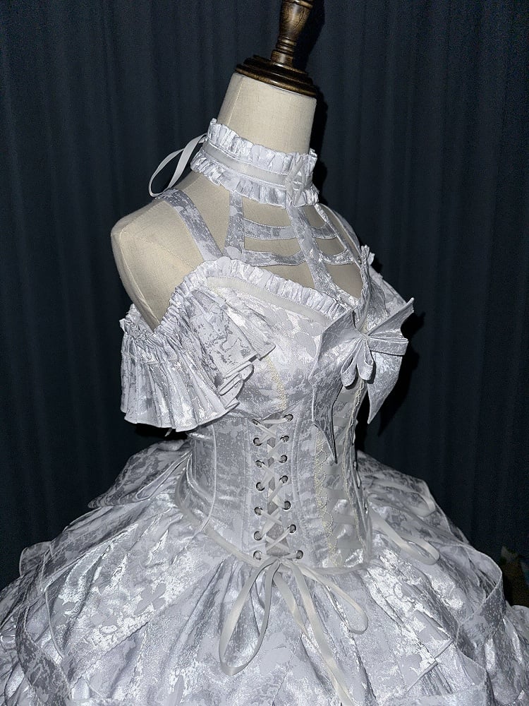 with Lace-ups Ovarlay Gothic Corset Dress Design Detachable and Skirt Silver Bow Lolita Big Birdcage Waist