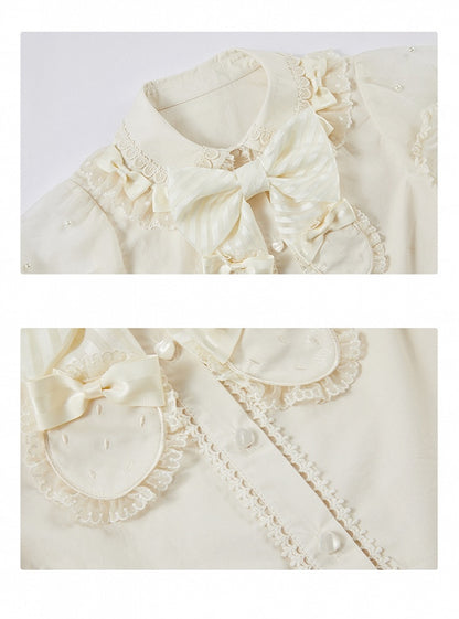 Beige Bluse mit abnehmbarem Schleifenausschnitt, Perlen und kurzen Puffärmeln
