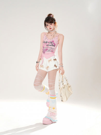 Black/Pink Butterfly Print Drawstring Hem Cami Top V-neck
