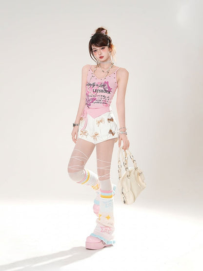 Dark Gray/White/Pink Bowknots Embellished Shorts with Beaded Chains