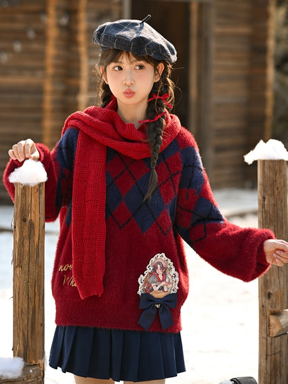 Snow White Princess Red Diamond Pattern Mohair Loose Sweater