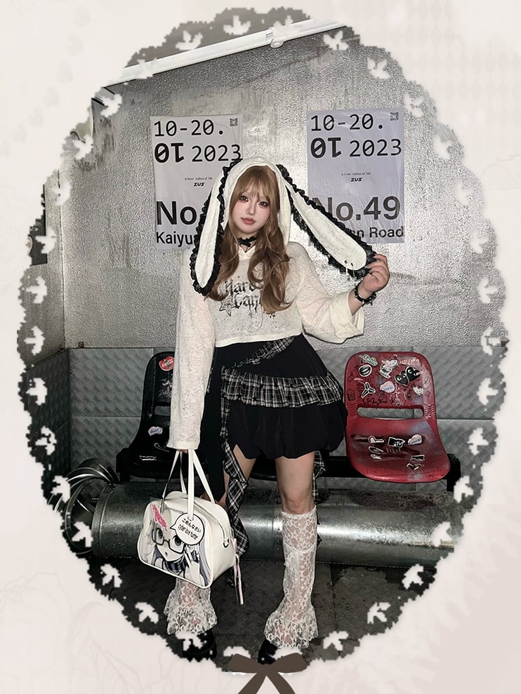 Trim Coverup with Bunny Ears Design White Semi-sheer Lace Plus Black and Size