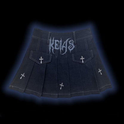 Y2K Dark Blue Letters Cross Charms Punk Rock Denim Pleated Skirt