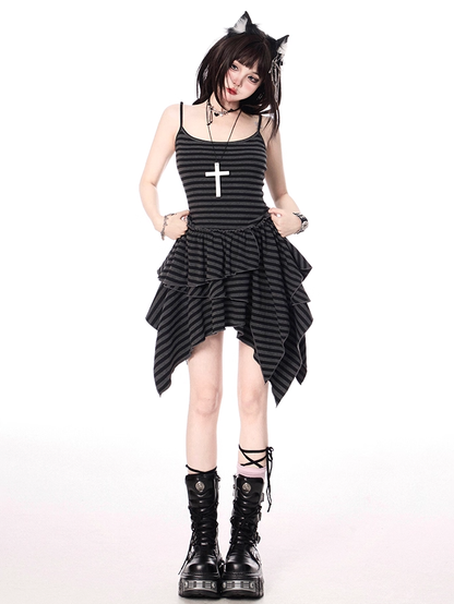 Dress Skirt Cami Black and Gray Stripes Handkerchief Hem Tiered
