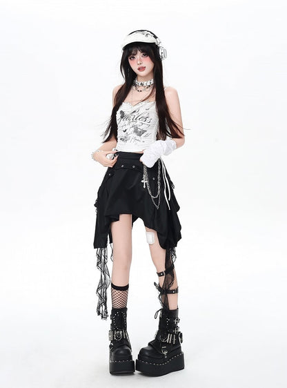 Punk Rock Skirt with Cascading Lace Ruffles and Handkerchief Hem Black