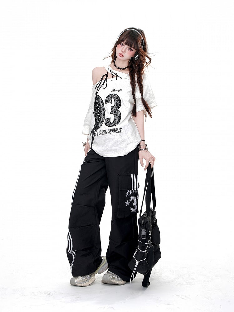 Black Drawstring Waist Cargo Pockets Loose Straight-Leg Pants