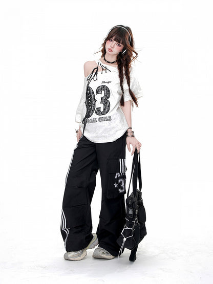 Loose Straight-Leg Pants Pockets Black Drawstring Waist Cargo