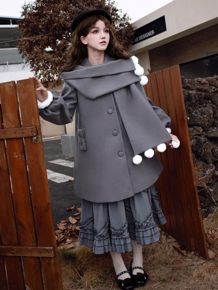 Pompoms Scarf Collar Gray Fleece Lining Woolen Coat