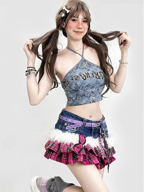 Print Halter Neck Top Letter Kawaii Bittersweet Blue Glamorous
